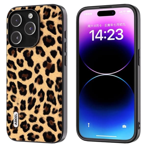 ABEEL Mobilskal till iPhone 14 Pro Max Leopard Textur PU Läder Champagne Guld
