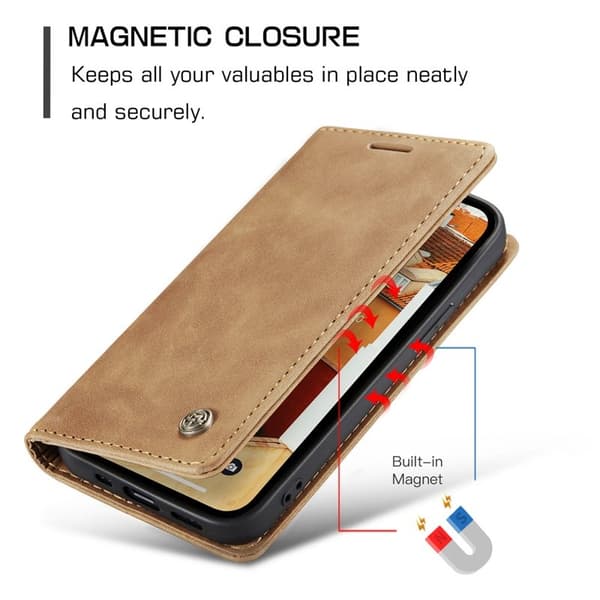 CASEME 013 Series iPhone 15 Konstläderplånboksfodral - Brun