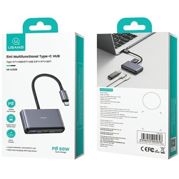 USAMS 5in1 Adapter Hubb USB-C 2xUSB-A TF SD - Grå