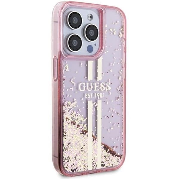 Guess iPhone 15 Pro Mobilskal Liquid Glitter Gold Stripes Rosa