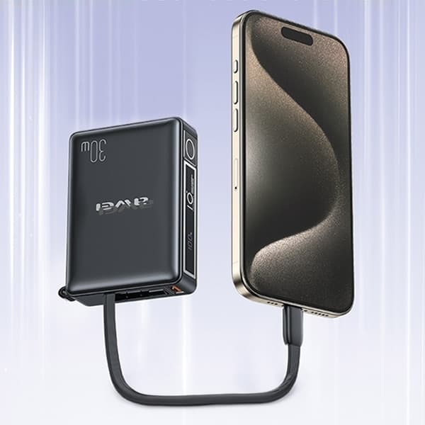 Awei Powerbank 10000mAh 30W med indbygget kabel - sort Black