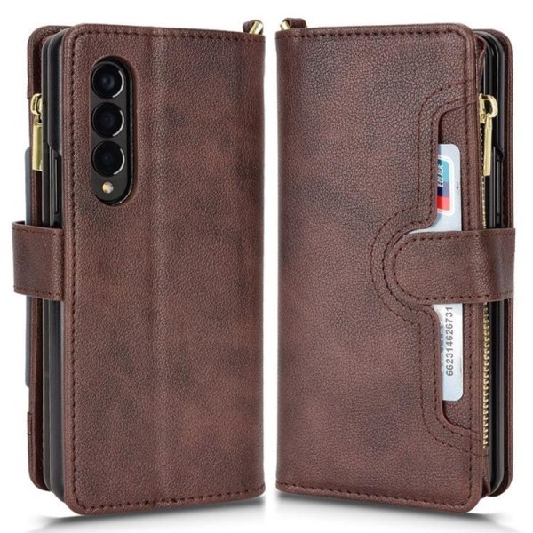 Galaxy Z Fold 4 Wallet Case vetoketjullinen magneetti - ruskea