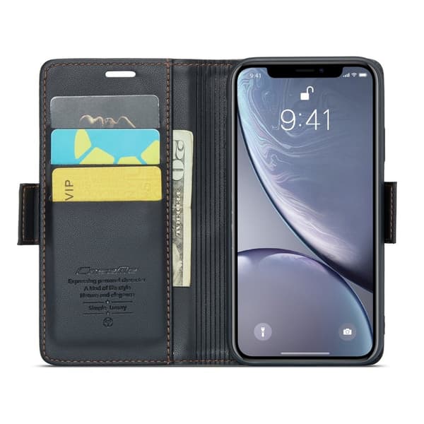 CASEME Plånboksfodral Konstläder för iPhone XR RFID-Skydd Svart