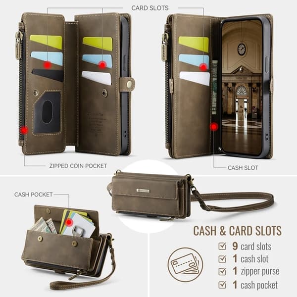 Caseme iPhone 15 Konstläder Plånboksfodral RFID-Skydd Zipper - Brun Brun