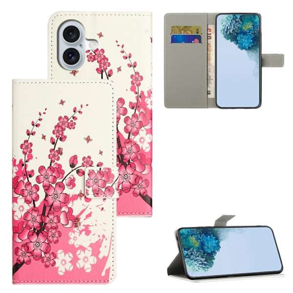 iPhone 17 Konstläder Plånboksfodral Pattern Print - Plum Blossom Rosa
