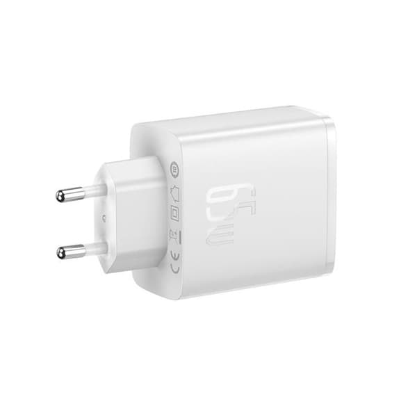 Baseus GaN Väggladdare 2x USB-C Till USB-A 65W Cube Pro - Vit Vit