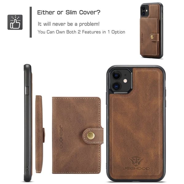 JEEHOOD Detachable Konstläder Plånboksfodral iPhone 11 6.1 tum Brun