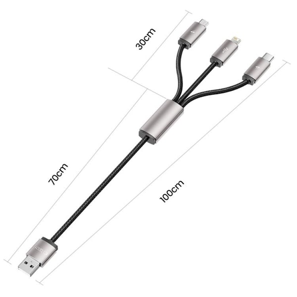 Tech-Protect 3in1 USB-A Till Lightning/Type-C/Micro-USB Kabel 1m - Grå Grå