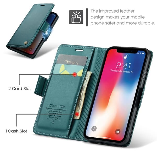 CASEME RFID-Skydd Plånboksfodral Konstläder för iPhone XS - Grön
