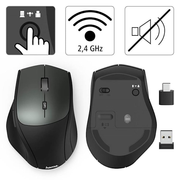 Hama Mus Trådløs Dual Mode USB-C/USB-A 6-knapper - Sort Black