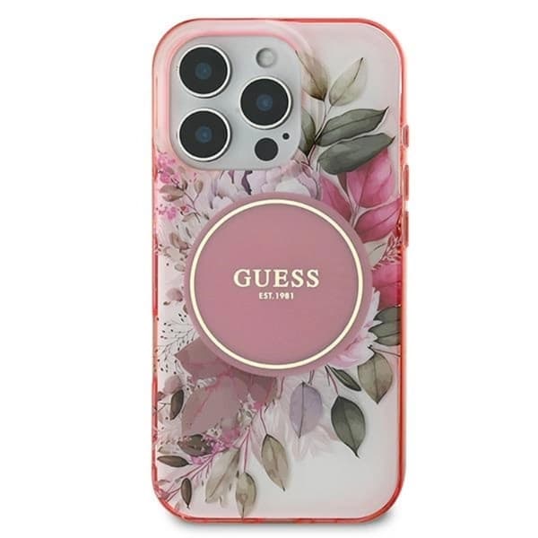 Guess telefontaske til iPhone 16 Pro Max MagSafe IML Blomst og tonecirkel Rosa