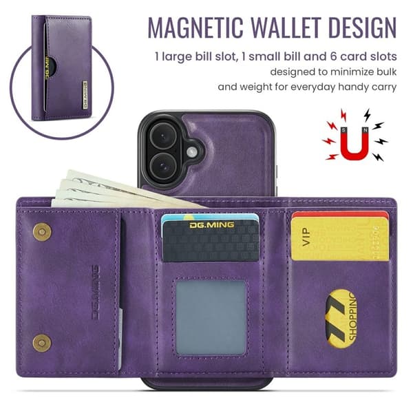 DG.MING M6 Series Mobilskal till iPhone 16 Plus Magnetiskt Plånboksfodral Lila