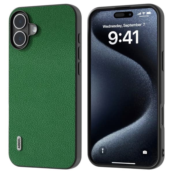 ABEEL Mobilskal till iPhone 16 Plus Litchi Textur Äkta Läder Grön