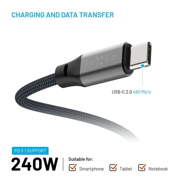 FIXED MAGNETIC 240W USB-C/C trasselfri kabel 2m Svart