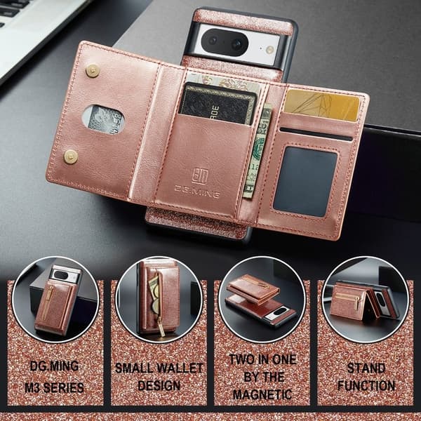 DG.MING M3 Series Konstläder Plånboksfodral för Google Pixel 8 Roséguld