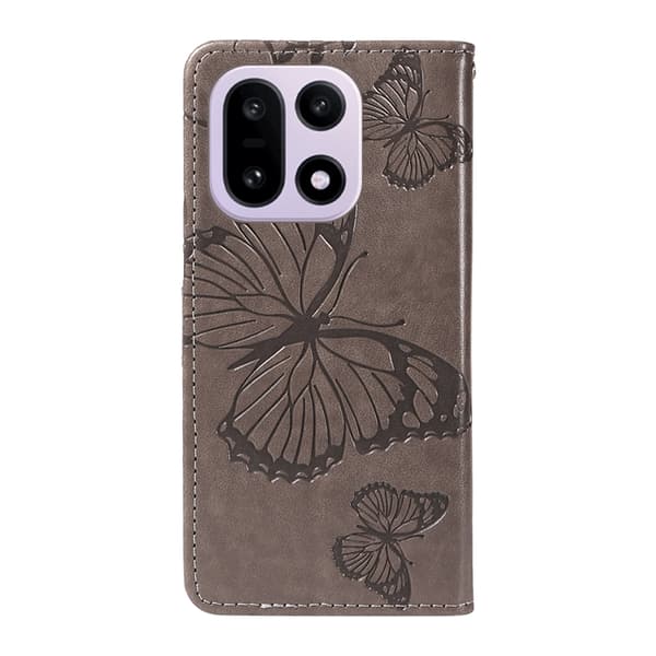 OnePlus 15 5G Konstläder Plånboksfodral Floral Butterfly Imprinted Grå