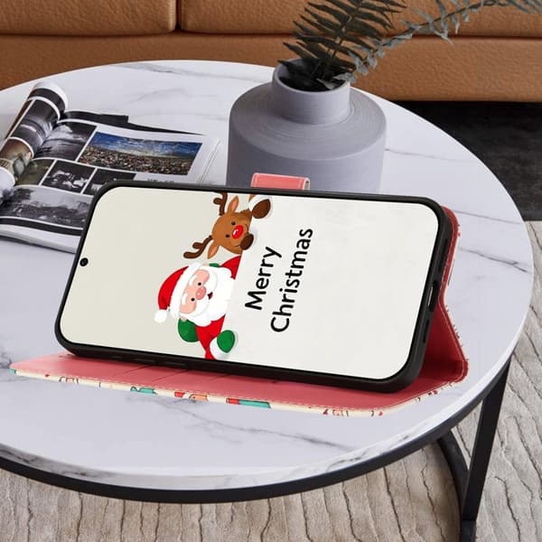 Samsung Galaxy A57 Plånboksfodral Konstläder Julmönster - Vit