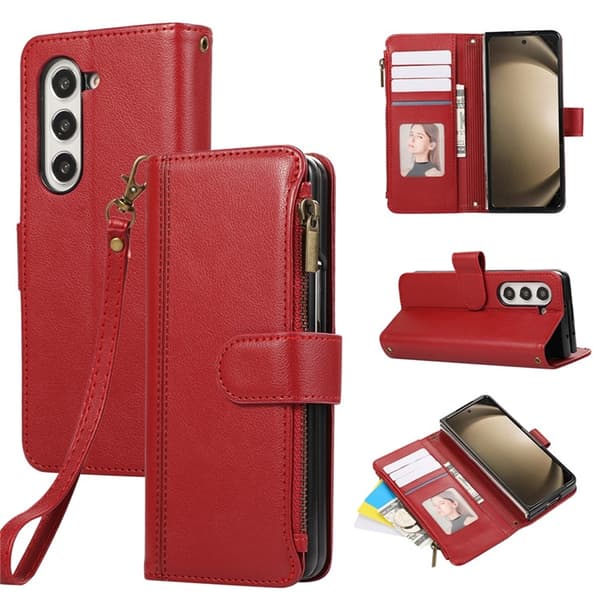 Galaxy Z Fold 7 Plånboksfodral Multi Zipper Läder - Röd Röd