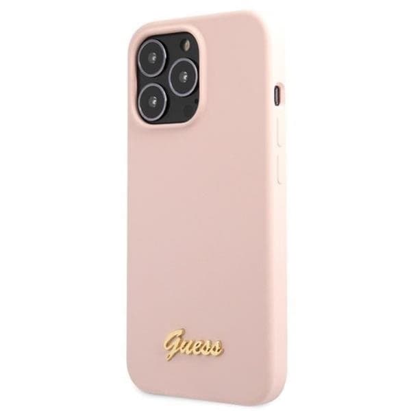 Guess iPhone 13 Pro Max Mobilskal Silikon Script Guld Logo - Lys Rosa