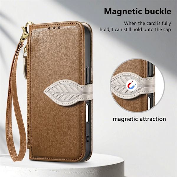 iPhone 17 Plånboksfodral Leaf Magnetiskt Spänne Konstläder - Brun Brun