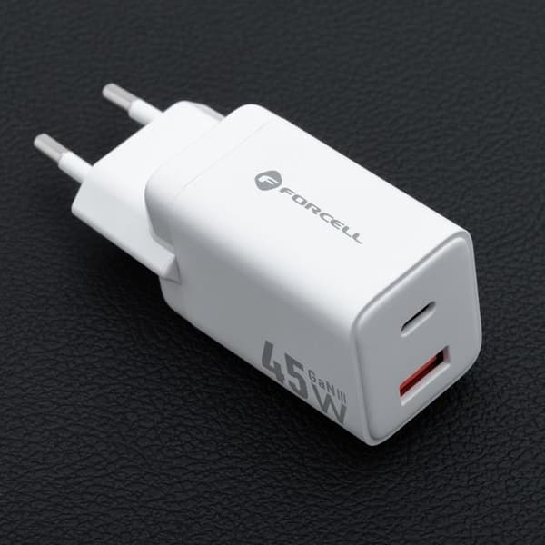 Forcell GaN III Snabbladdare 45W USB-C - USB-A PD QC Mini Vit Vit