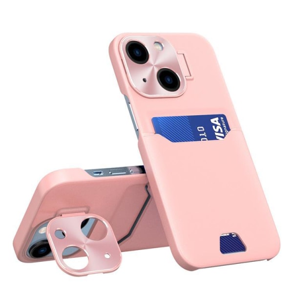 iPhone 14 Skal Korthållare Läder Kickstand - Rosa