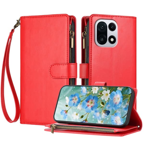 OnePlus 15 5G Konstläder Plånboksfodral Zipper Shockproof Röd