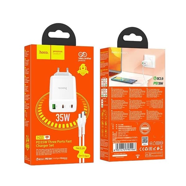 Hoco Väggladdare 35W 2xType C + USB A med Typ-C Kabel 1m - Vit Vit