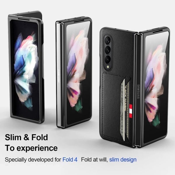 Galaxy Z Fold 4 Skal Äkta Läder Litchi Korthållare - Svart