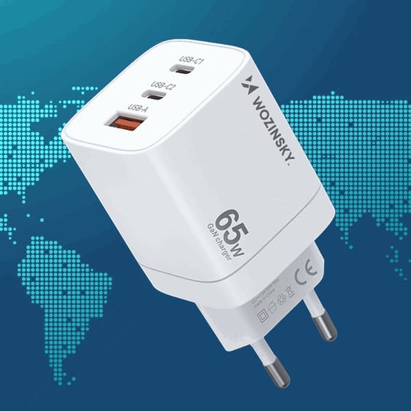 Wozinsky Väggladdare CGWCW 65W USB-A/2 x USB-C GaN - Vit Vit