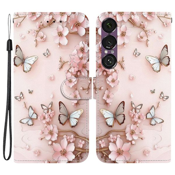 Sony Xperia 1 VII Konstläder Plånboksfodral Pattern Printing - Butterfly Rosa
