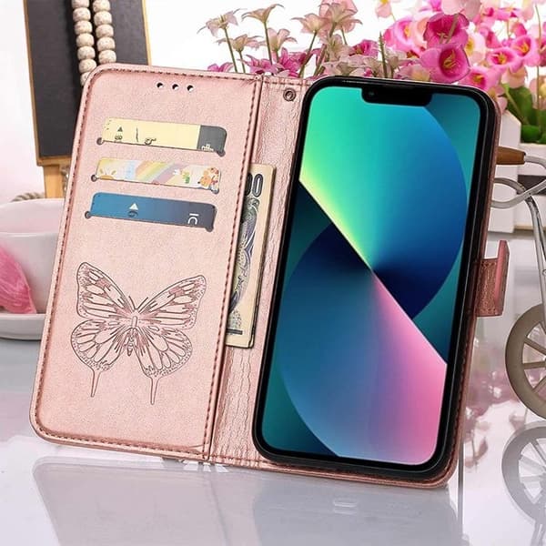 iPhone 14 Pro Max Pungecover Butterfly Flower Imprinted - Rosa Roséguld