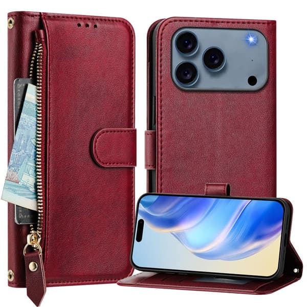 iPhone 17 Pro Plånboksfodral Zipper Pocket Läder - Röd Röd