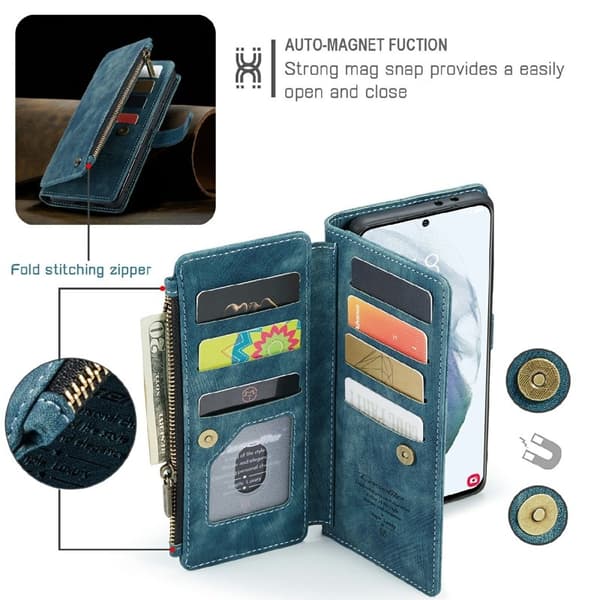 CASEME Konstläder Plånboksfodral för Samsung Galaxy S21 4G/5G Blå