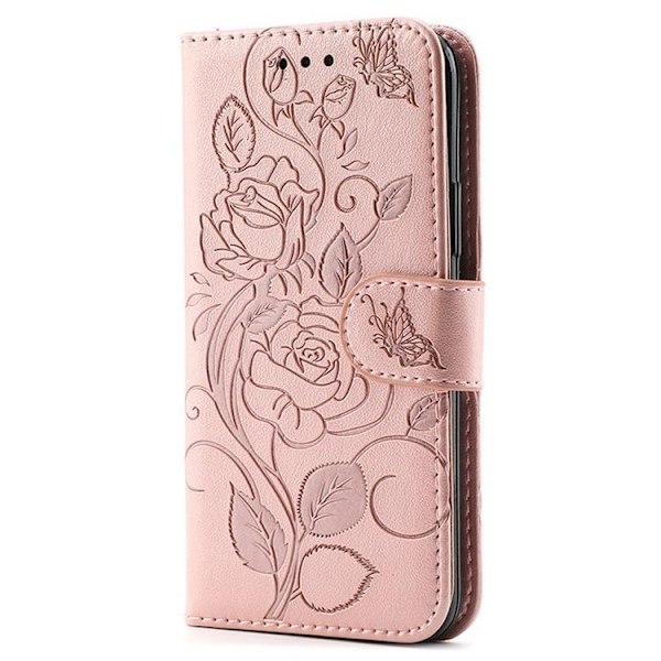 Galaxy S26 Plus Konstläder Plånboksfodral Imprinted Rosa Butterfly Roséguld
