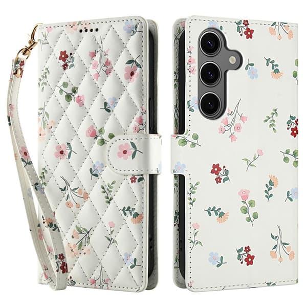 Galaxy S25 - S24 Plånboksfodral Rhombic Floral A1 Vit