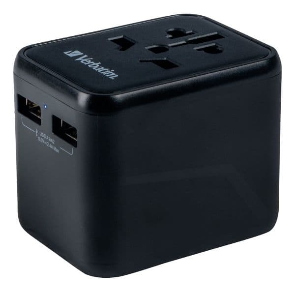 Verbatim Rejselader 2xUSB-A EU/UK/US - Sort Svart