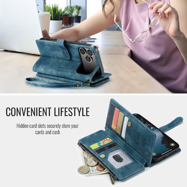 CASEME Konstläder Plånboksfodral för iPhone 17 Pro med Rem - Blå