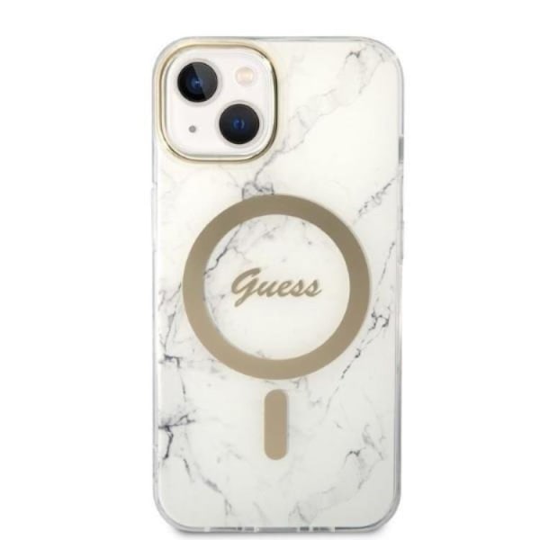 GUESS iPhone 14 Plus Magsafe Shell Marble + langaton laturi - valkoinen