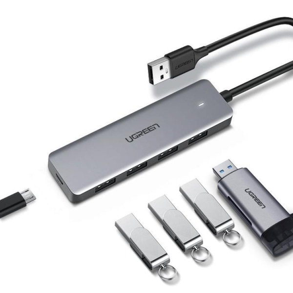 Ugreen USB HUB - 4x USB 3.2 Gen 1 med Micro USB Power Port - Grå