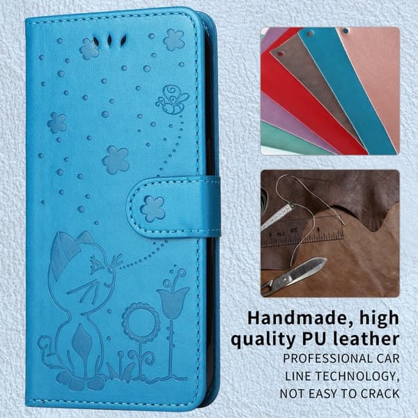 Samsung Galaxy S26 / S26 Pro Plånboksfodral Konstläder Cat Bee Mönster - Blå
