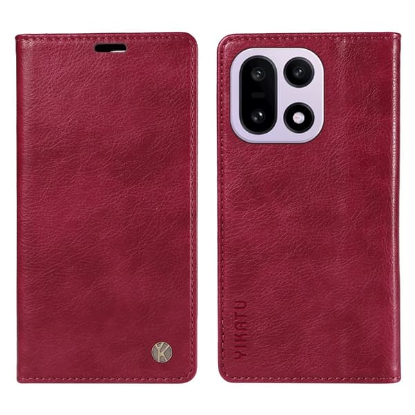 YIKATU OnePlus 15 Plånboksfodral Litchi Closure Konstläder Vinröd