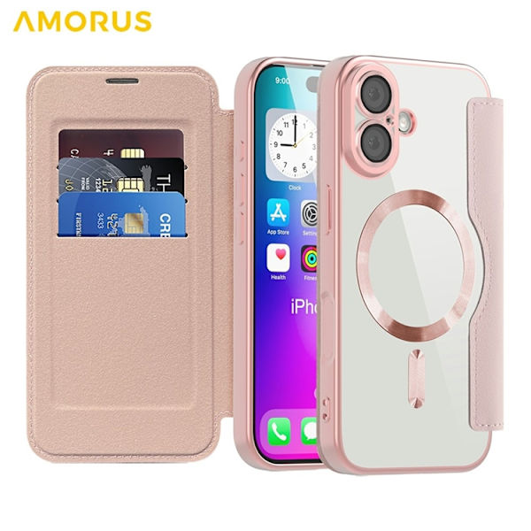 AMORUS iPhone 17 Plånboksfodral MagSafe RFID-Skydd - Rosa Rosa