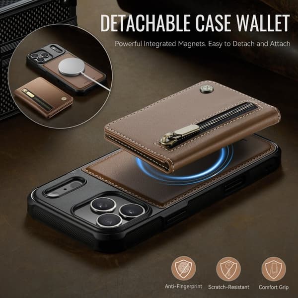 JEEHOOD J12 Plånboksfodral iPhone 17 Pro Magnetisk Konstläder Brun
