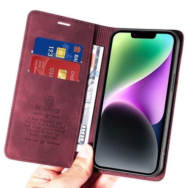BETOPNICE 003 för iPhone 15 Plånboksfodral i Konstläder - Röd