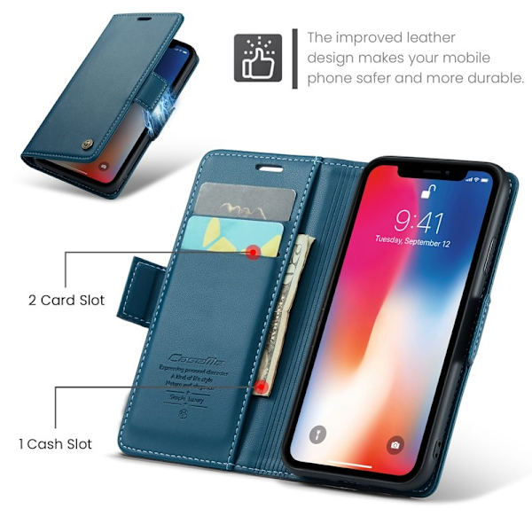 CASEME RFID-Skydd Plånboksfodral Konstläder för iPhone XS - Blå
