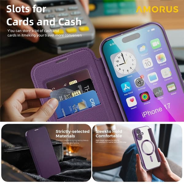 AMORUS iPhone 17 Plånboksfodral MagSafe RFID-Skydd - Lila Lila