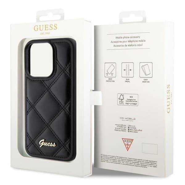Guess iPhone 15 Pro Cover Quilted Metal Logo - Sort Black