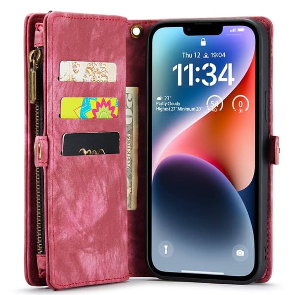 CASEME 008 iPhone 14 Plus Plånboksfodral Konstläder Röd med Rem