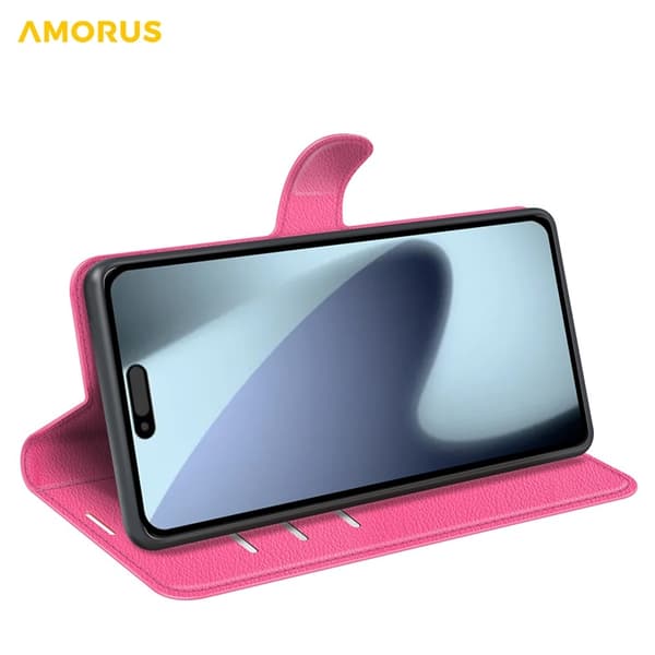 AMORUS iPhone 17 Konstläder Plånboksfodral Flipstativ Litchi - Rosa Rosa
